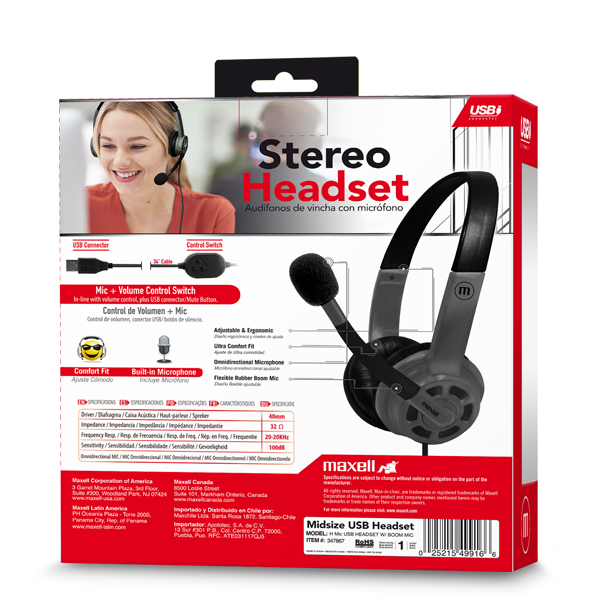 Maxell HS-HMIC Midsize USB Headset con Micrófono Boom