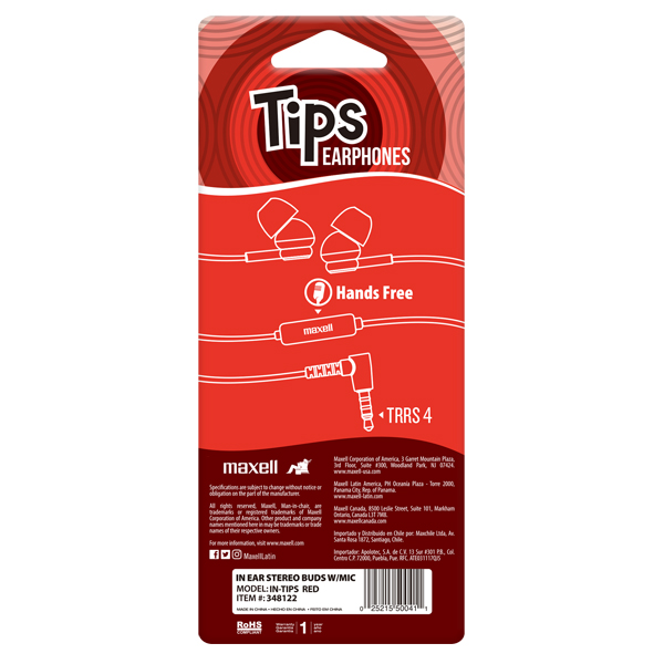 Maxell IN-TIPS In Ear Stereo Buds con Micrófono Rojo (12 Unidades)