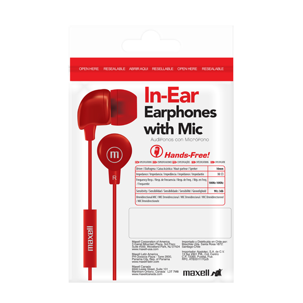 Maxell IN-BAX Audífonos con Micrófono Rojo (50 Unidades)
