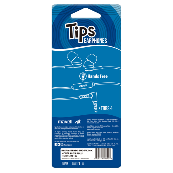 Maxell IN-TIPS In Ear Stereo Buds con Micrófono Azul (12 Unidades)