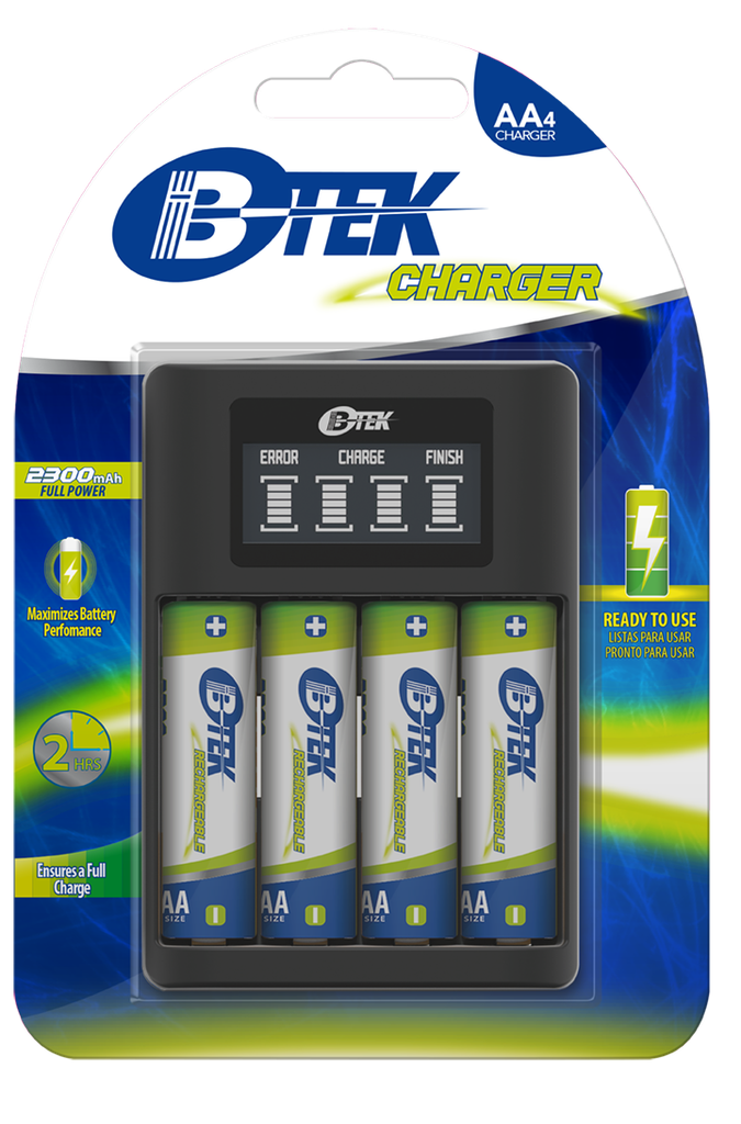 BTEK BBC-400 Cargador de baterías carga rápida USB con baterías AA. Trae 4 baterías de 2300mah.