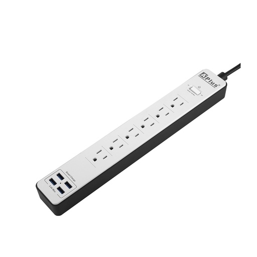 [PLUSCHARGER 1-15A-18M] APlus PlusCharger 1-15A-18M Protector de Voltaje 15A y Estación de Carga, 900 J, 6 Salidas con 4 USB Carga Inteligente, Cable de 1.8m